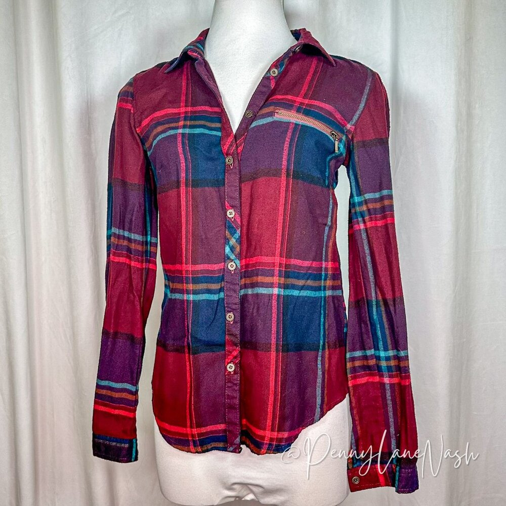 Maurices Zipper Pocket Plaid Button Down Shirt Top - Picture 2 of 11